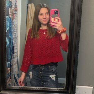 American Eagle Red Knit Long Sleeve See Through Sweater S